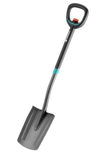 Pelle avec manche long et poignée ergonomique, noire avec des touches bleues et oranges. Adaptée aux travaux de jardinage.