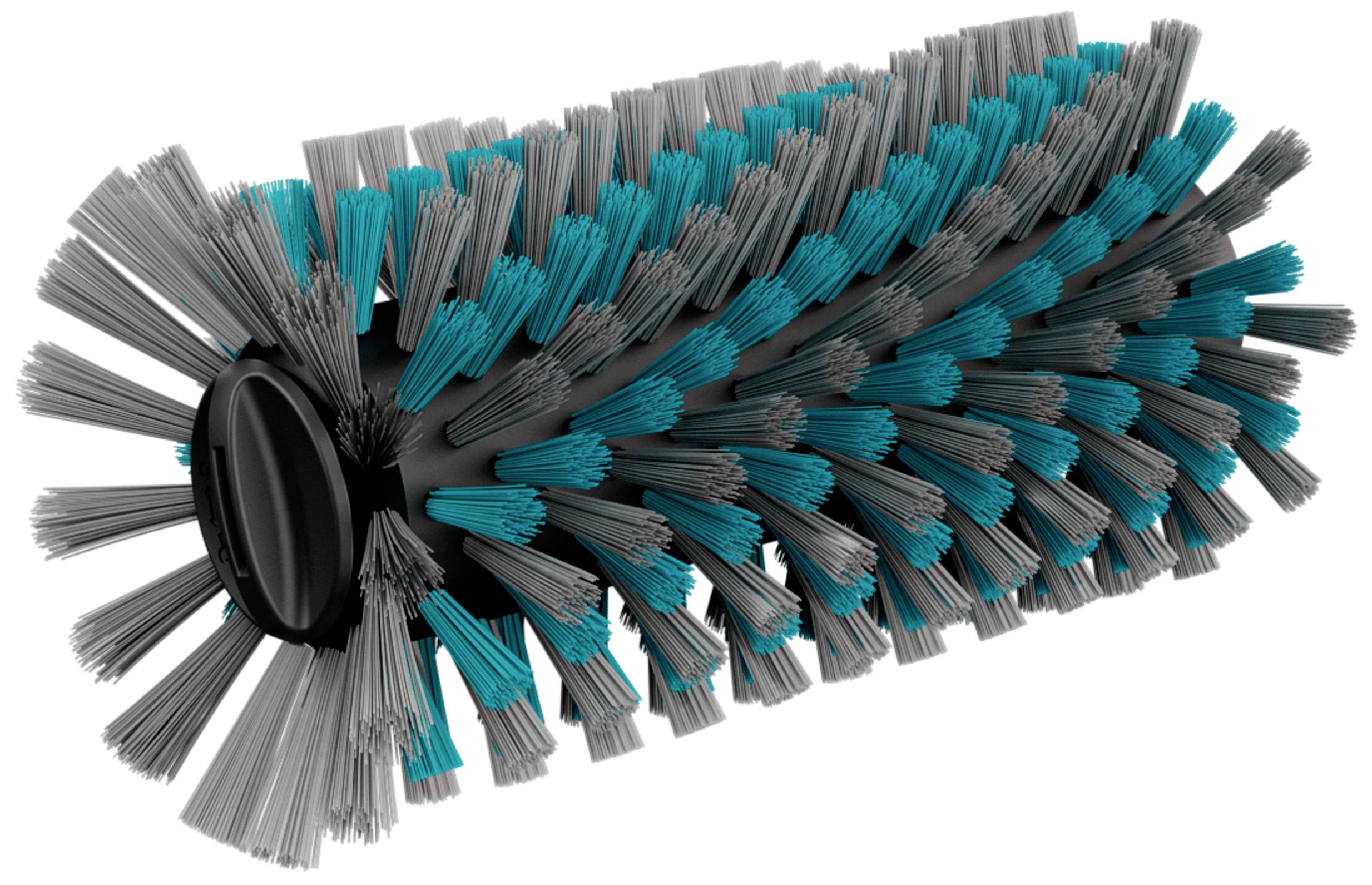 Une brosse rotative avec des poils gris et bleus pour aspirateurs ou machines de nettoyage.