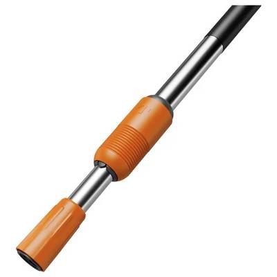 Une tige extensible avec une poignée orange, adaptée à l'utilisation avec des outils de jardinage.