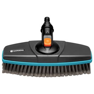 Brosse de nettoyage de Gardena avec boîtier noir et accents bleus et orangés pour le nettoyage des surfaces.