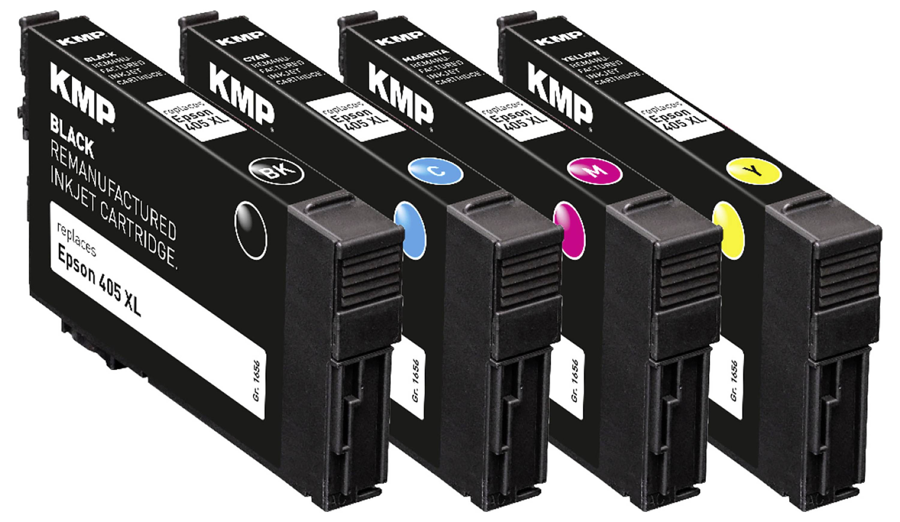Quatre cartouches d'encre en noir, cyan, magenta et jaune, portant l'étiquette 'KMP', conçues pour les imprimantes Epson 405 XL.