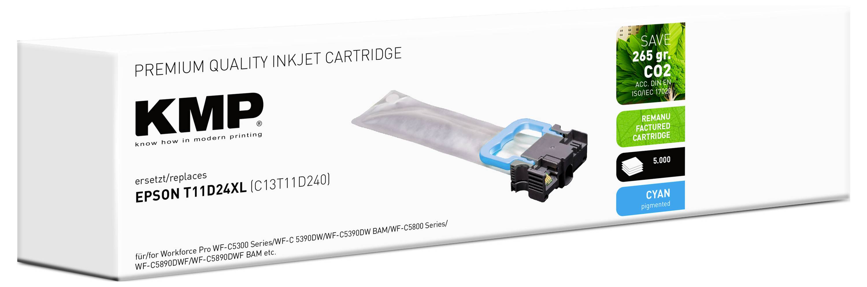 Un boîtier d'emballage blanc pour cartouche d'encre jet d'encre de qualité premium KMP, étiqueté 'EPSON T11024XL' compatible avec plusieurs modèles d'imprimantes Epson.