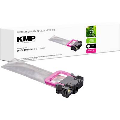 Une cartouche d'encre jet d'encre KMP magenta pour imprimantes Epson, étiquetée « Qualité Supérieure ». L'emballage met en avant les caractéristiques écologiques et un rendement de 1500 pages.
