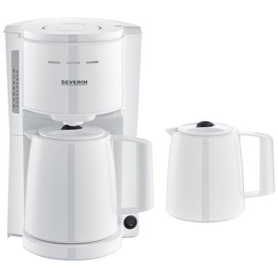 Machine à café avec deux carafes blanches, l'une placée sur l'appareil, l'autre à côté. Convient pour le café filtre.