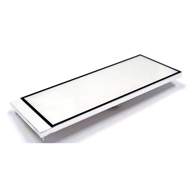 Plaque lumineuse blanche rectangulaire avec un cadre noir, légèrement vue de biais.