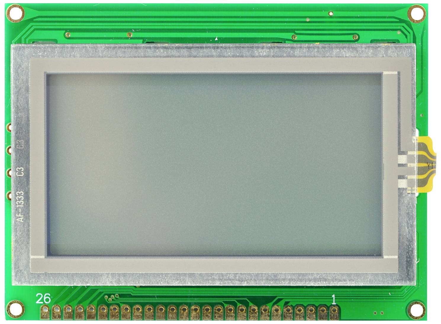 Affichage d'un écran LCD vert avec plusieurs broches sur le bord inférieur. L'écran est allumé, mais ne présente aucune information spécifique.