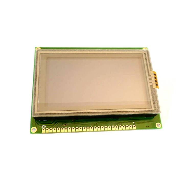 Un composant électronique rectangulaire avec un écran LCD intégré dans un cadre de circuit imprimé vert.