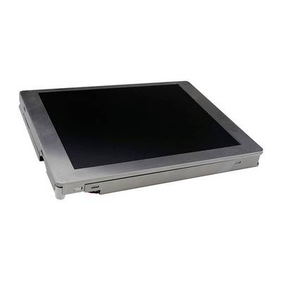 Moniteur d'ordinateur argenté et plat avec un écran noir, positionné horizontalement. Idéal pour des applications industrielles.