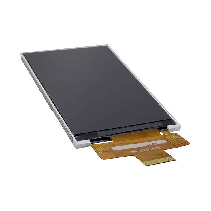 Un écran de smartphone rectangulaire avec connexion par câble plat, disposé en biais, sur un fond blanc.