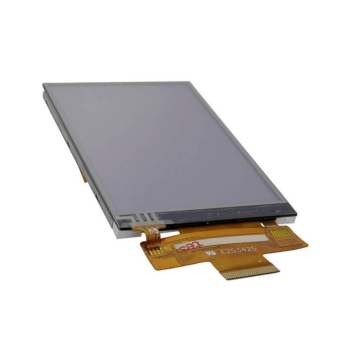Un écran LCD rectangulaire avec des câbles plats flexibles à sa base, présenté sous un léger angle latéral.