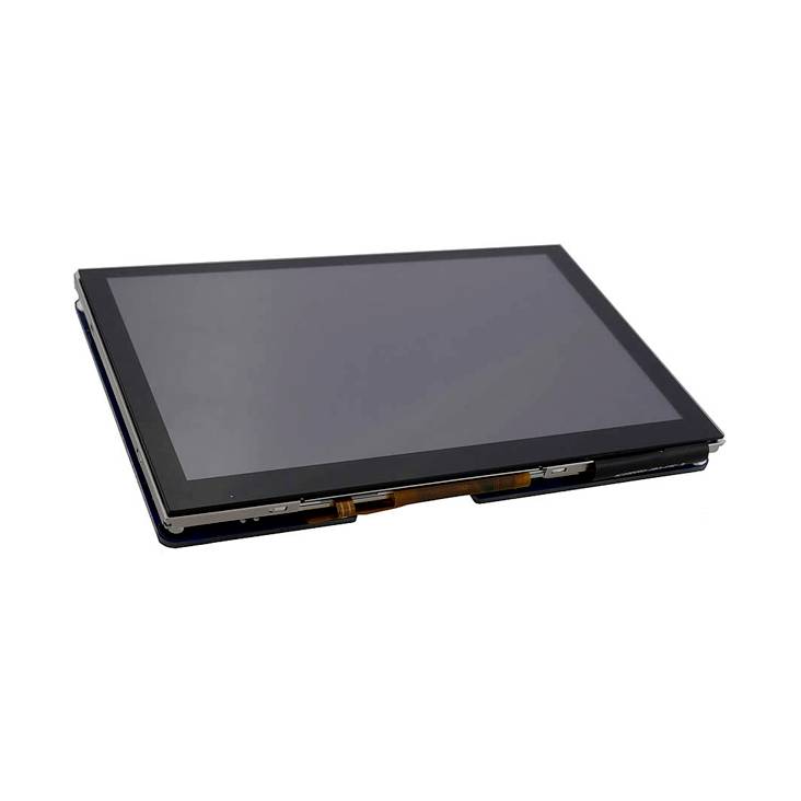 Un écran tactile rectangulaire, plat, noir avec une surface transparente, légèrement incliné sur le côté, détouré sur un fond blanc.