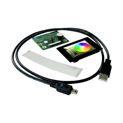 Un système de contrôle des couleurs composé d'une carte électronique, d'un affichage avec cercle chromatique, d'un câble en nappe et d'un câble USB.