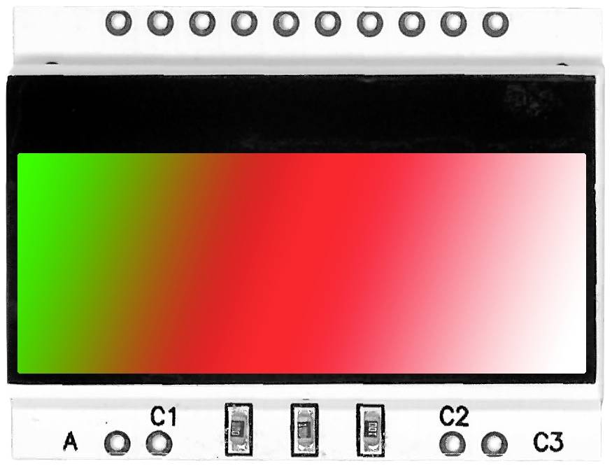 Un dispositif électronique doté de trois interrupteurs (C1, C2, C3) et d'un affichage couleur qui passe du vert au rouge en passant par le rose.
