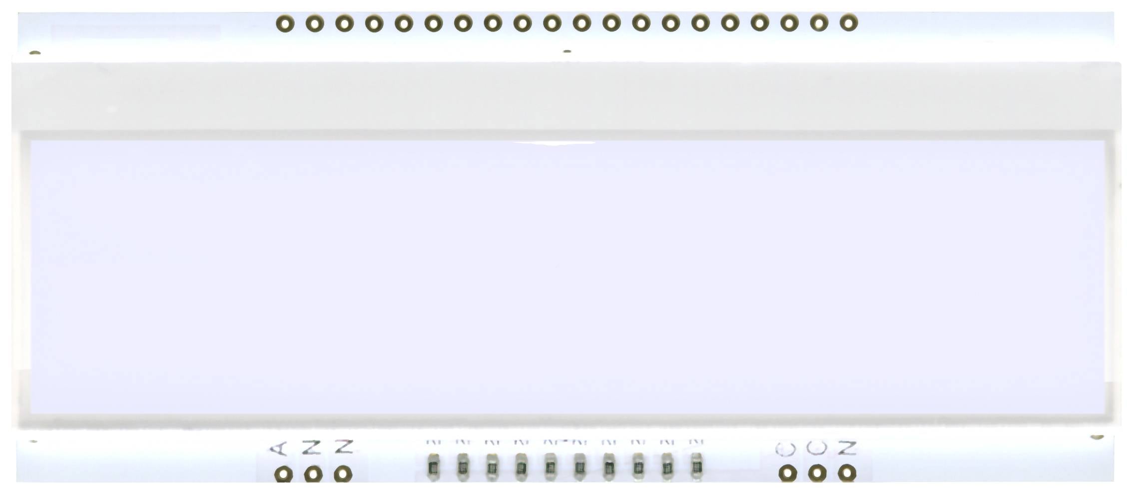 Barre lumineuse LED rectangulaire émettant une lumière blanche uniforme. Plusieurs petites LED disposées de manière régulière sont visibles en haut et en bas.