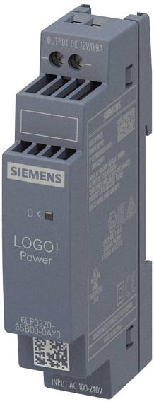 Bloc d'alimentation gris Siemens LOGO! avec l'inscription 'SORTIE CC 12V/0,9A', détails techniques et connexions en haut et en bas.