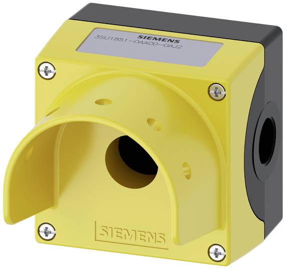 Boîtier jaune de Siemens pour montage en saillie, sans éléments de commande. Forme carrée, fixé par des vis à chaque angle.
