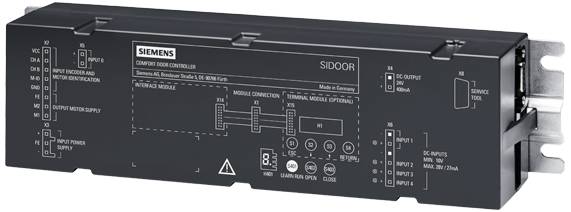 Un module de contrôle Siemens SIDoor noir avec différentes connexions et diagrammes imprimés. Utilisé pour la commande de portes.