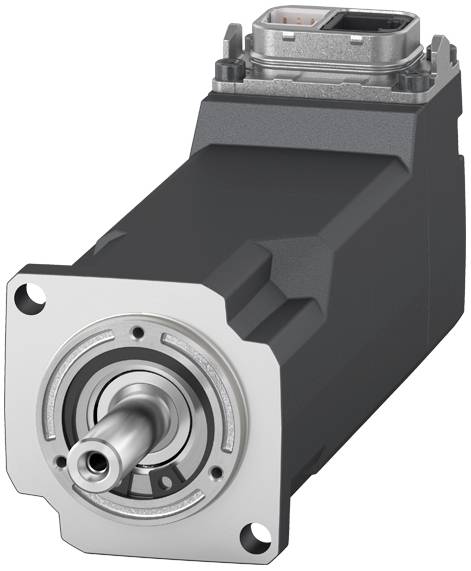 Moteur électrique noir avec façade argentée et connecteur en haut, adapté aux systèmes d'entraînement dans les applications industrielles.