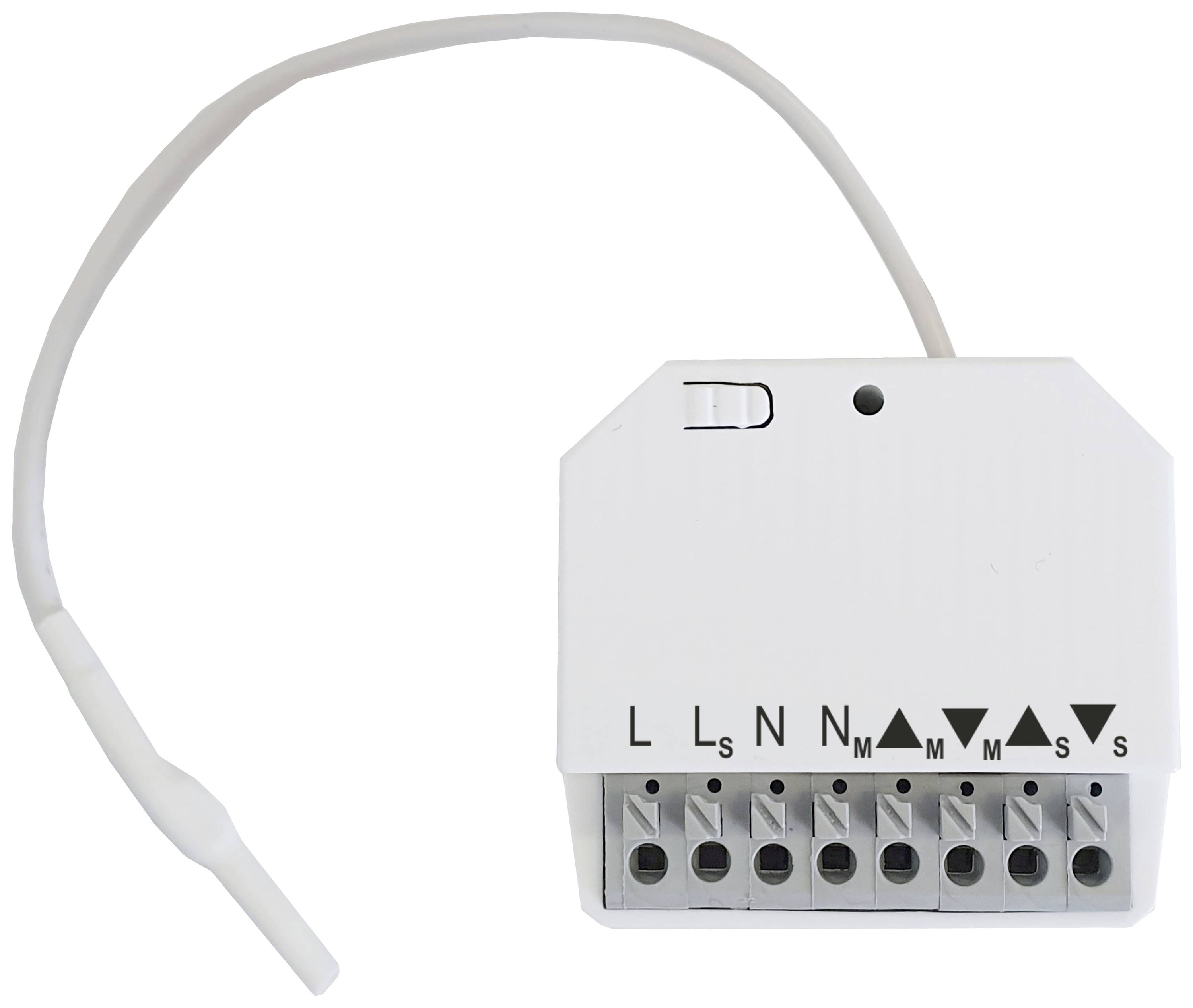 Un module électronique blanc avec sept bornes de connexion, étiquetées 'L', 'N', 'M', 'S', et un câble étroit en haut.
