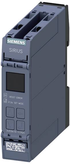 Dispositif de commutation industriel de Siemens, modèle 'SIRIUS', avec un affichage numérique et des touches de fonction, principalement en bleu foncé.