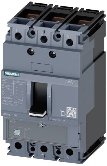 'Disjoncteur gris Siemens de la série 3VA1, 160 ampères, avec levier de commande central et spécifications du produit imprimées.'