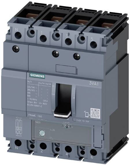 Un disjoncteur Siemens, modèle 3VA1, gris, avec un levier noir, portant des spécifications techniques sur sa face avant.