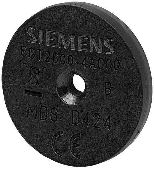 Transpondeur RFID rond de Siemens, Modèle : 6GT2600-4AC00, avec marquage CE. Principalement utilisé pour des applications industrielles.