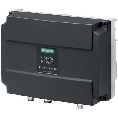 Un appareil noir SIMATIC RF290R de Siemens, un lecteur RFID, avec des connexions sur sa face inférieure et un logo d'entreprise vert.