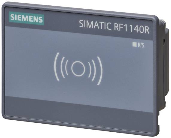 Lecteur Siemens RF1140 avec affichage numérique. Icône RFID dominante au centre, caractérisant la fonctionnalité de l'appareil.