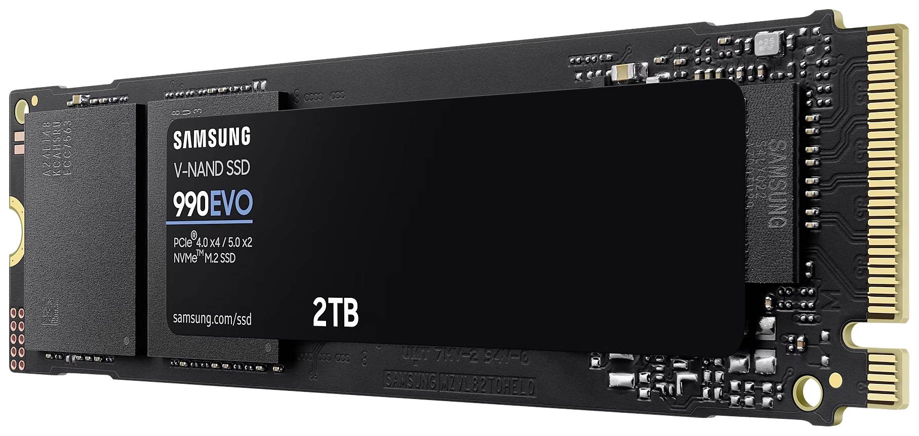 Disque dur SSD Samsung V-NAND 990 EVO de 2 To, noir, vu de côté. Contient des étiquettes techniques.