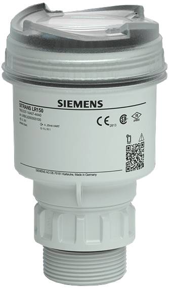 Un capteur Siemens SITRANS LRI50, de forme cylindrique, blanc, avec un couvercle supérieur transparent, portant les certifications CE et de sécurité sur le boîtier.
