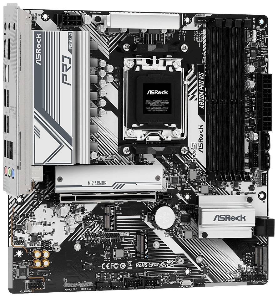 Carte mère avec socket CPU, emplacements RAM et slots PCIe, adaptée pour la construction d'ordinateur. Contient le logo ASRock et des étiquettes.