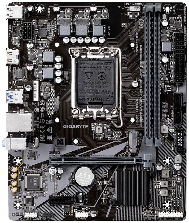 Carte mère avec de nombreux connecteurs et composants, comprenant des ports USB et HDMI, ainsi qu'un socket CPU au centre.