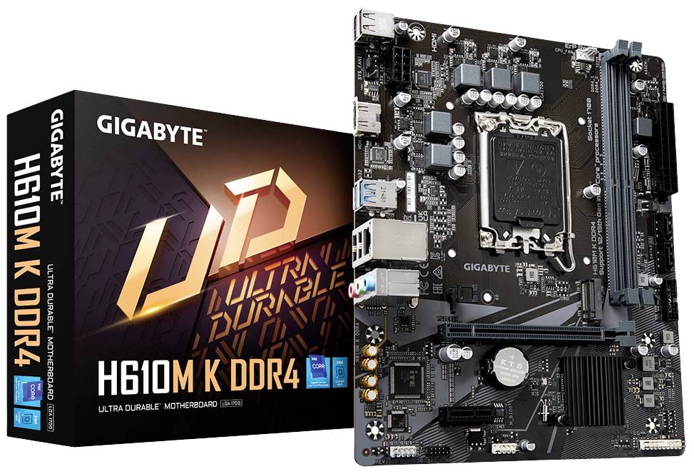 Motif principal : Carte mère 'Gigabyte H610M K DDR4' à côté de son emballage. Compatible avec les processeurs Intel, offre des emplacements pour RAM DDR4 et des connexions PCIe.