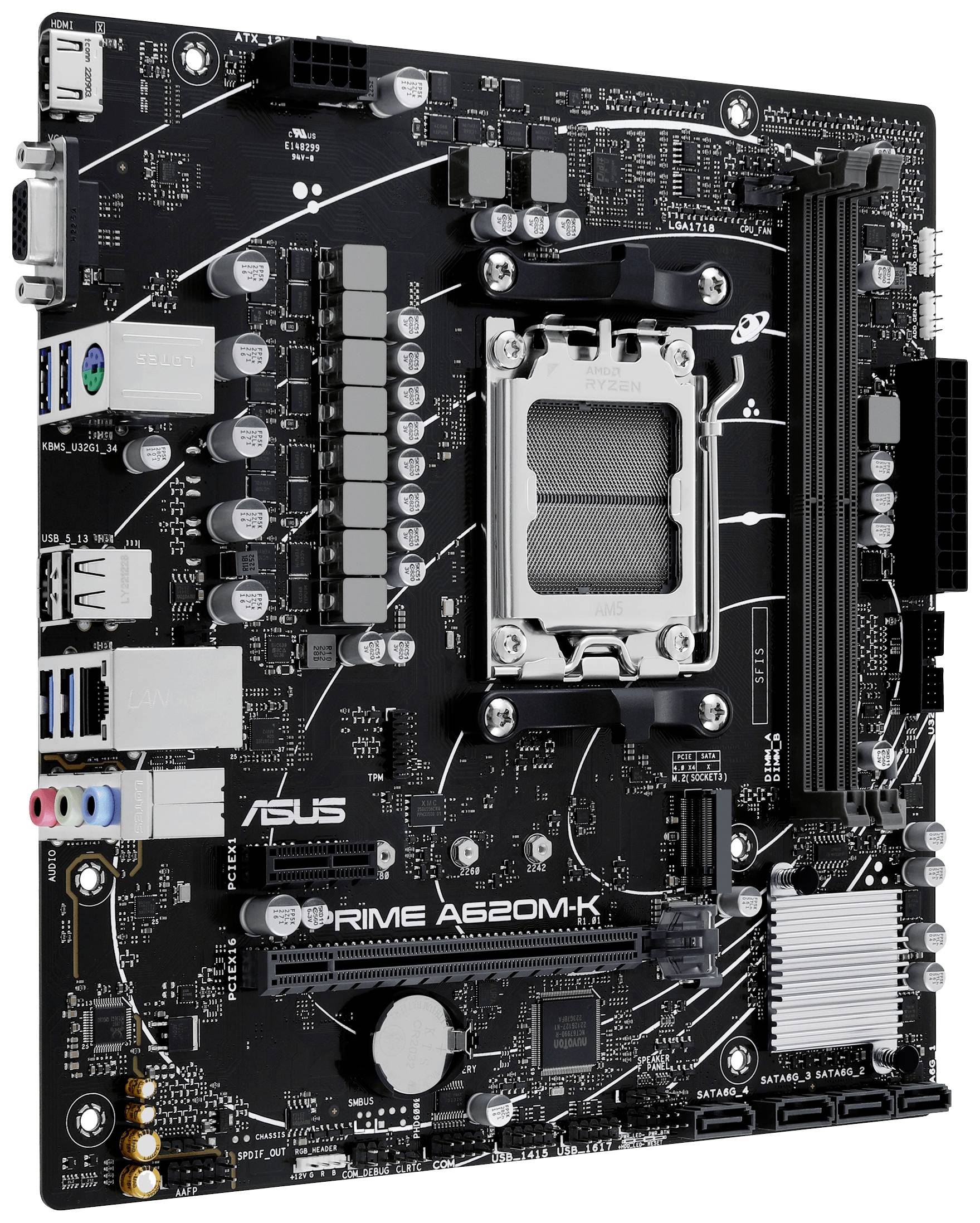 Une carte mère ASUS PRIME A520M-K présente différentes connexions : ports PCIe, SATA, USB et emplacements RAM.