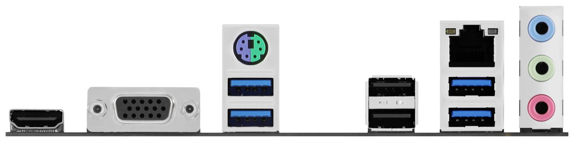 Connecteurs sur une carte mère d'ordinateur : HDMI, VGA, PS/2, USB 3.0, USB 2.0, Ethernet, sorties audio en bleu, vert et rose.