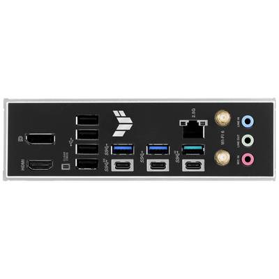 Arrière d'une carte mère d'ordinateur avec différents ports, notamment HDMI, ports USB, ports réseau et ports audio.