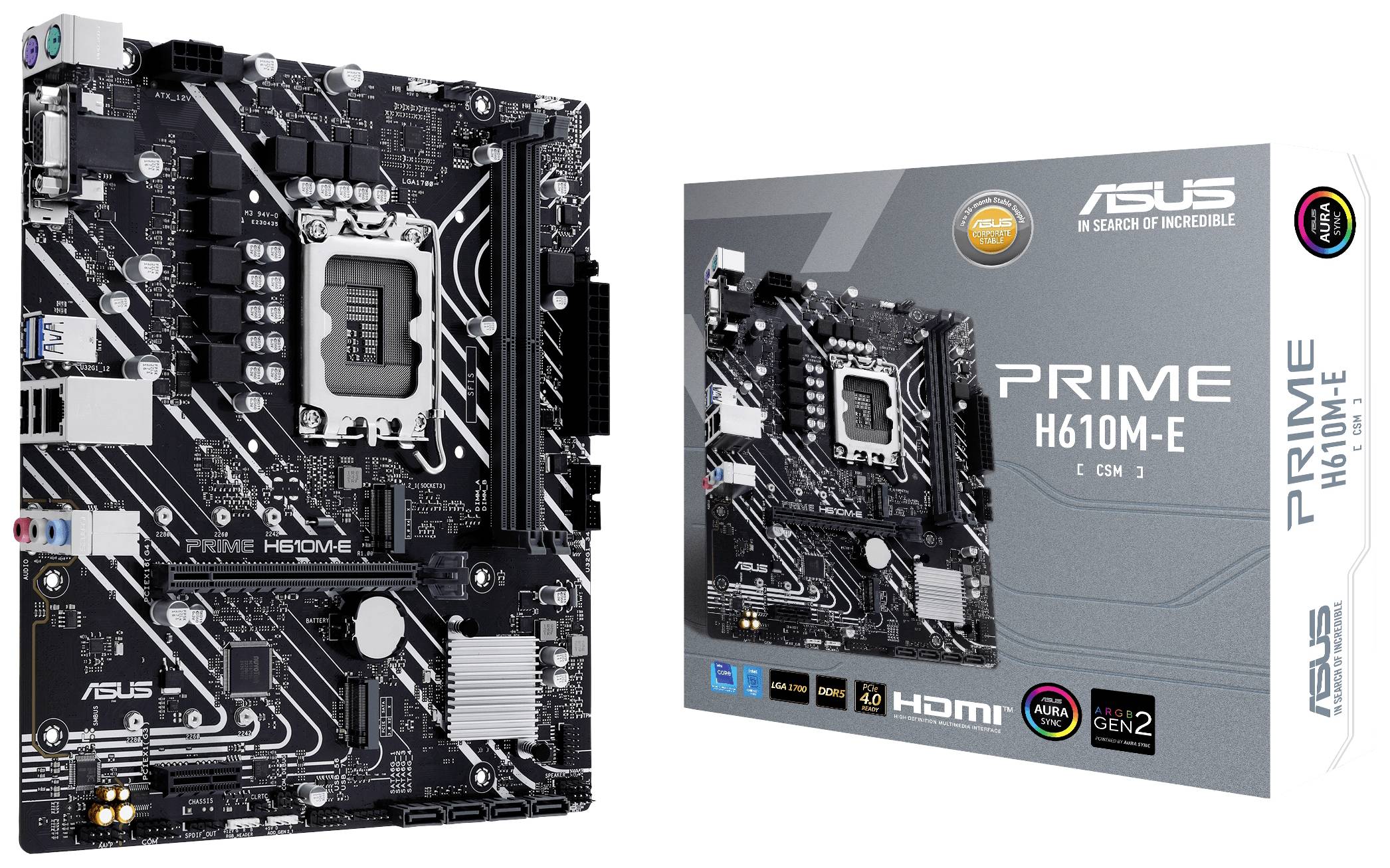 'Carte mère ASUS Prime H610M-E, à gauche la carte électronique avec différents emplacements et connecteurs, à droite l'emballage.'