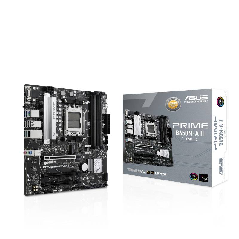 Une carte mère ASUS Prime B650M-A II devant son emballage avec une image et des spécifications identiques.