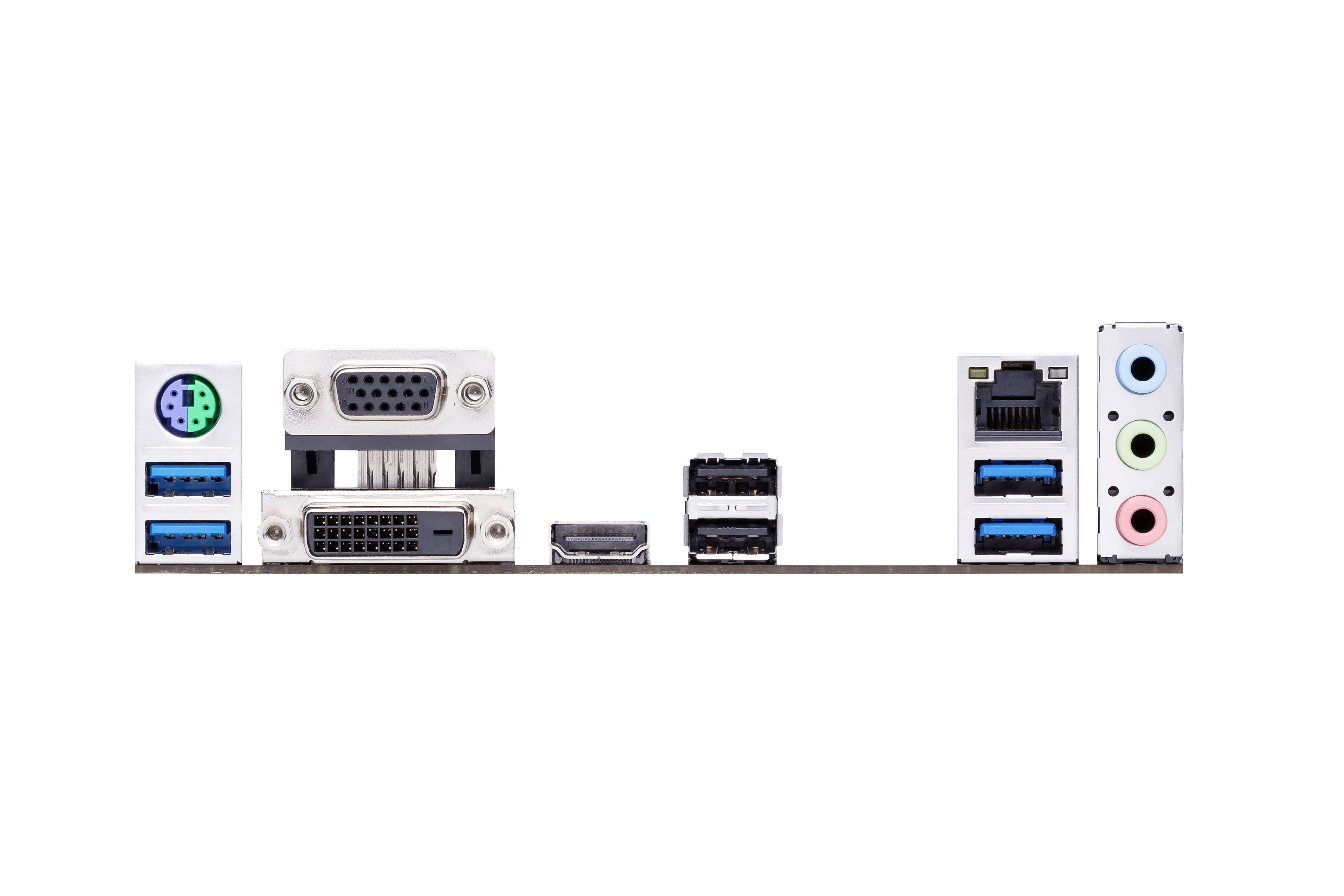 Une carte mère d'ordinateur présente divers ports : PS/2, VGA, DVI, HDMI, USB, Ethernet et des connecteurs audio de différentes couleurs.