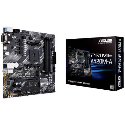 Une carte mère ASUS Prime A520M-A, présentée à côté de son emballage. La carte mère propose plusieurs emplacements et connecteurs.