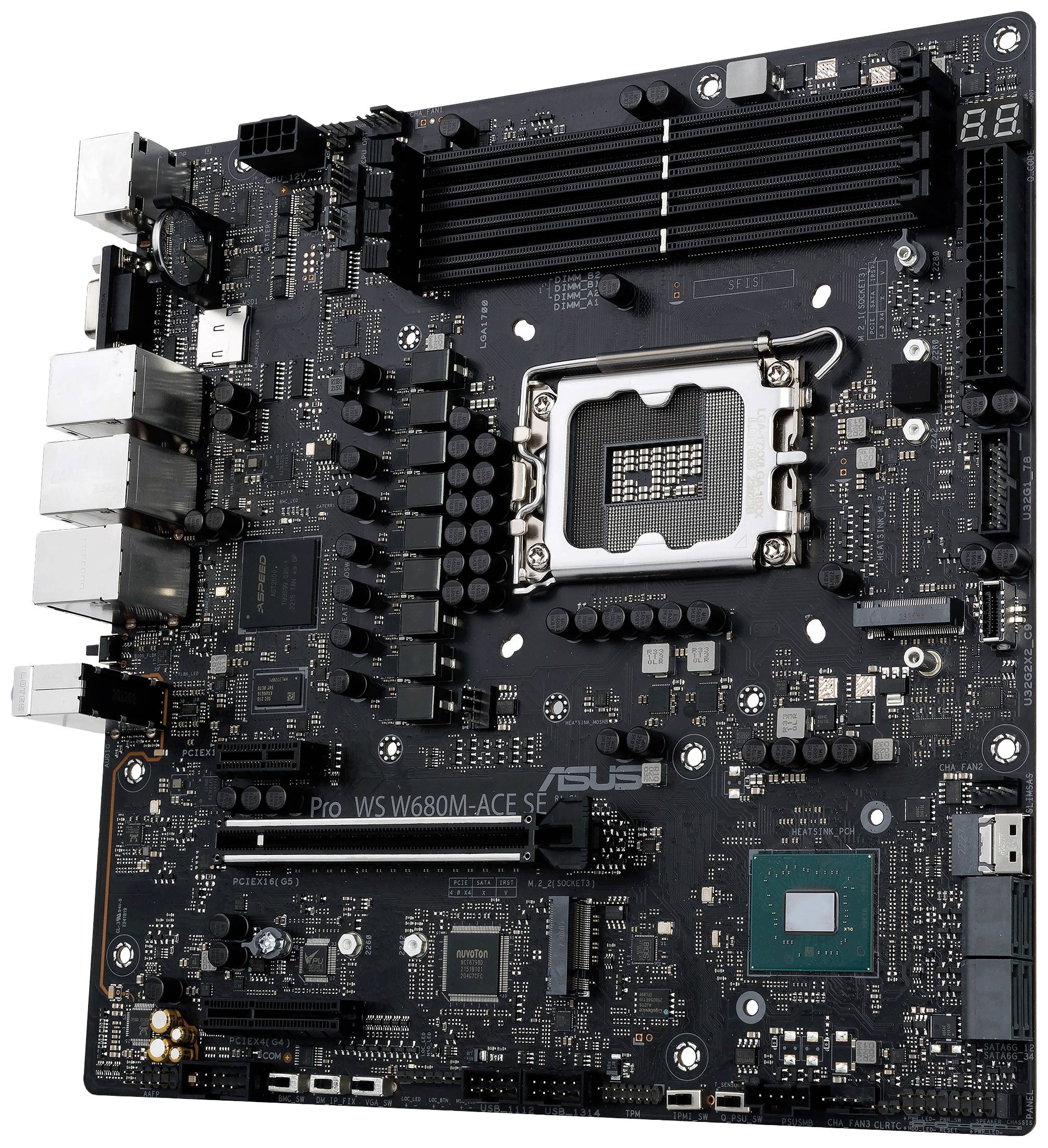 Une carte mère d'ordinateur avec différents connecteurs et composants, incluant un socket processeur, des emplacements de mémoire RAM et un dissipateur thermique.