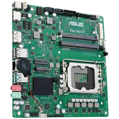 Carte mère portant l'étiquette 'ASUS Pro H610T', montrant le socket du processeur, les emplacements de RAM et divers ports pour périphériques.