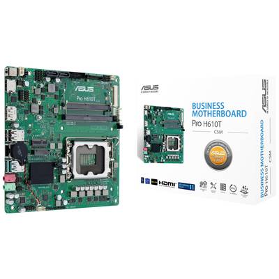 Une carte mère verte ASUS Pro H610T CSM à côté de son emballage. L'emballage indique une compatibilité professionnelle et un support HDMI.