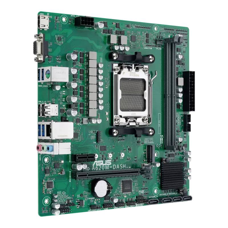 Carte mère Asus A620M-DASH présentant des emplacements, des connecteurs et des composants sur un circuit imprimé vert, adaptée aux configurations de matériel informatique.