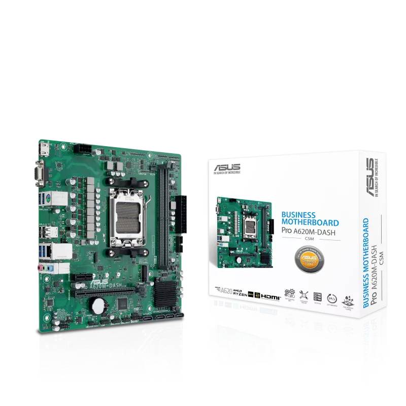 Une carte mère ASUS Pro A620M-DASH et son emballage correspondant. La carte mère présente des connecteurs et des emplacements pour différents composants.