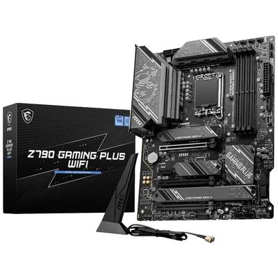 Carte mère 'MSI Z790 Gaming Plus WIFI' avec son emballage. Carte principale équipée de plusieurs connecteurs et présentant un design noir ; comprend une antenne.