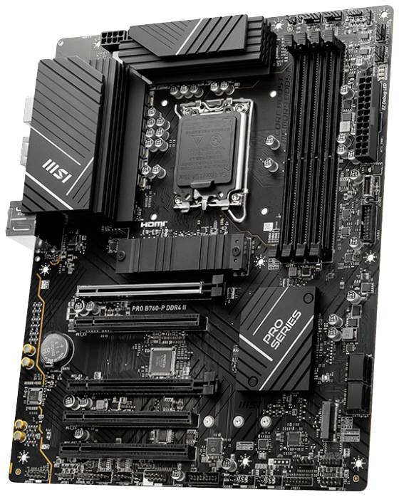 Carte mère d'ordinateur avec plusieurs emplacements et connecteurs, mettant en évidence le socket CPU et les emplacements RAM, marque MSI.