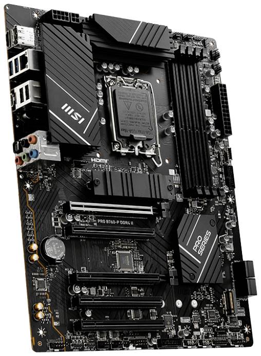 Carte mère avec plusieurs connexions et emplacements pour le processeur, la RAM et les cartes d'extension, représentée graphiquement.