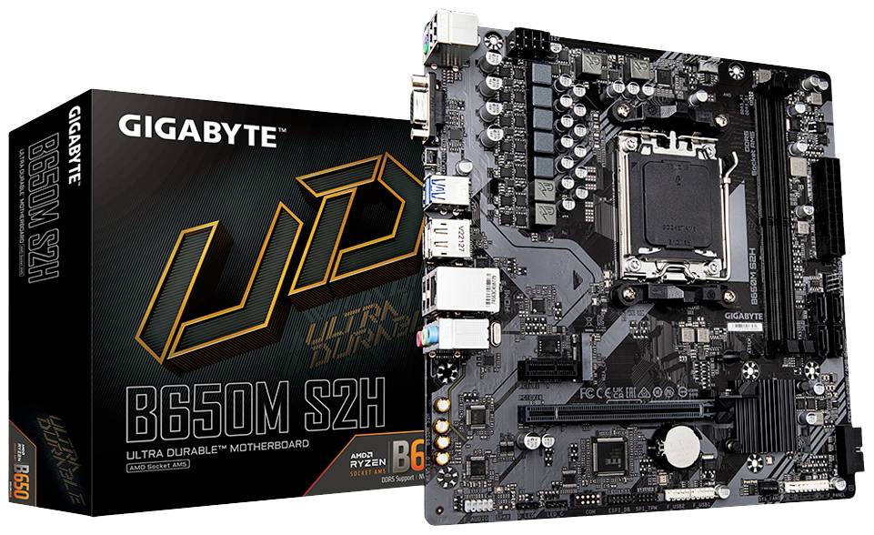 L'image principale montre une carte mère Gigabyte B650M S2H à côté de son emballage. L'accent est mis sur la configuration technique de la carte.